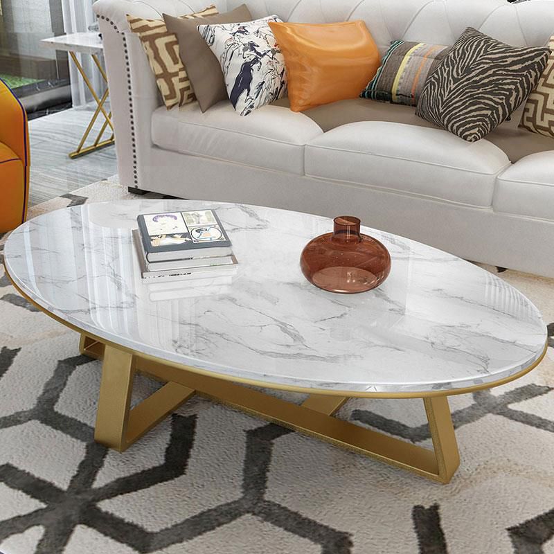 Marble Oval Coffee Table Metal Frame Abstract Cocktail Table