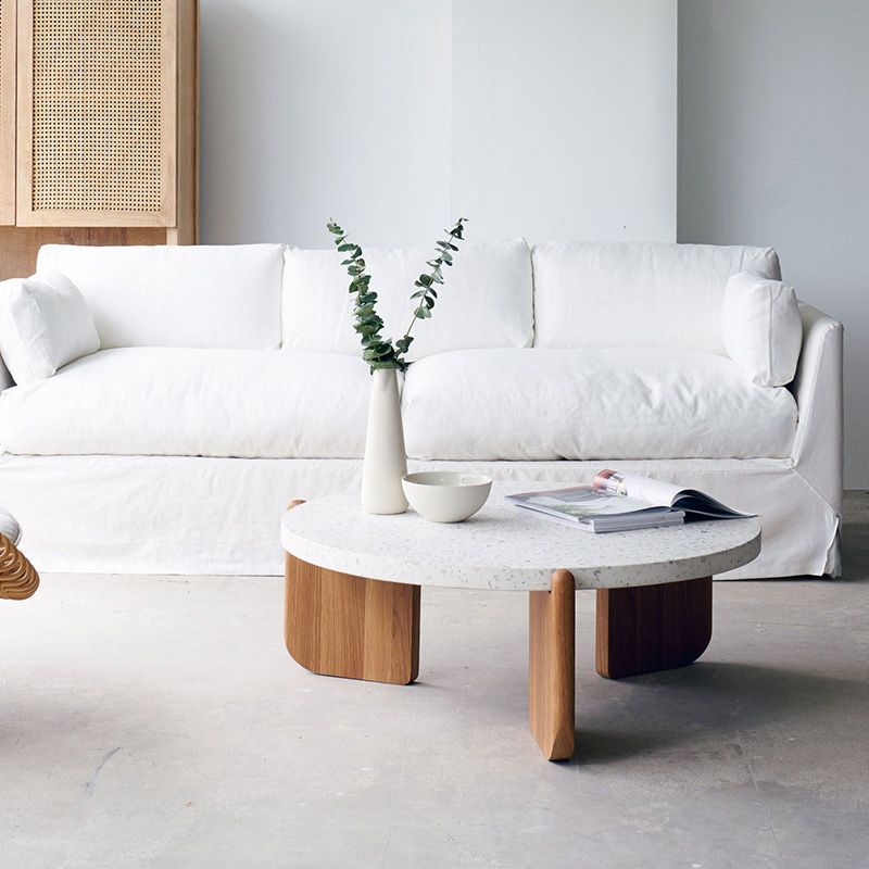 Round Terrazzo Coffee Table Minimalist Wooden 3 Legs Cocktail Table