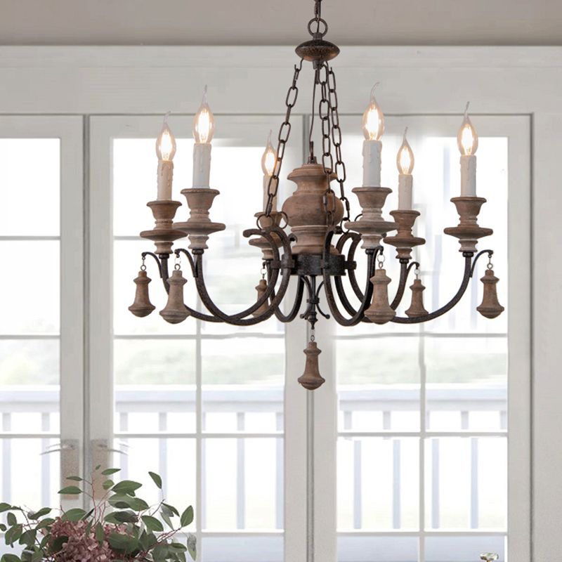 Wooden Brown Chandelier Candle Style 6-Light French Country Suspension Light