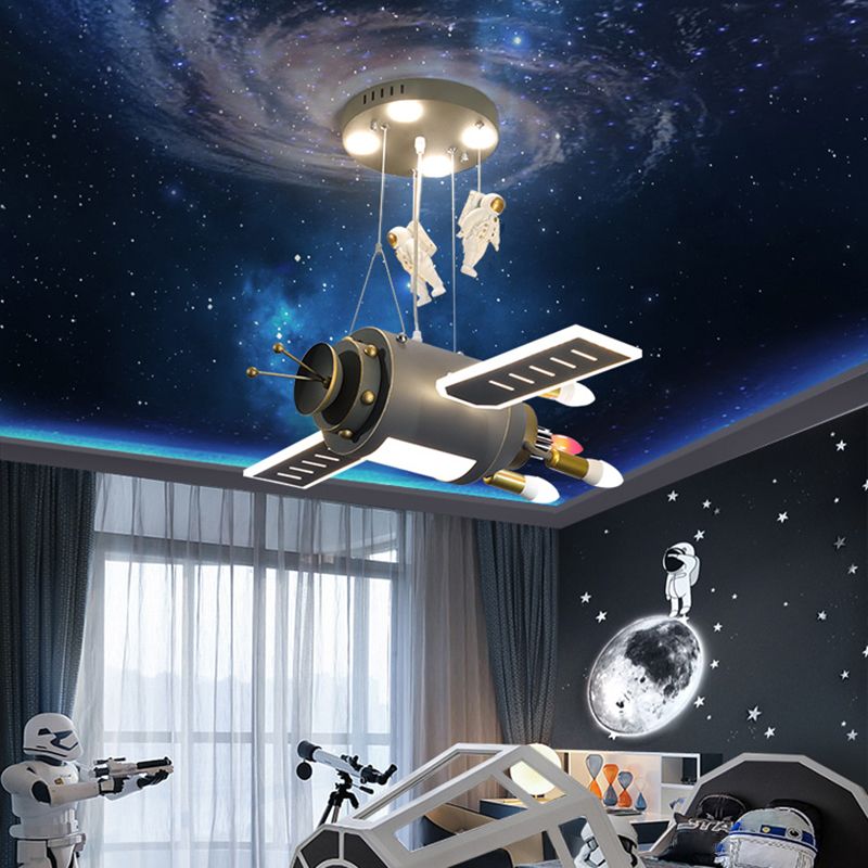Grey Spacecraft LED Chandelier Cartoon Metal Hanging Pendant Light for Kids Bedroom
