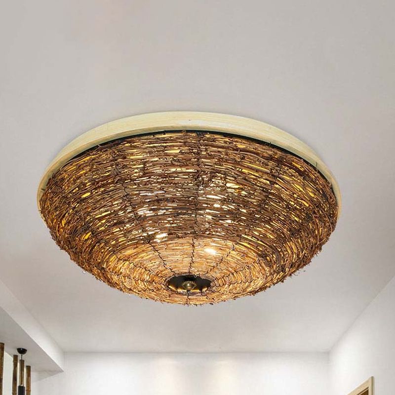 Bowl Flush Ceiling Lamp Tradition Rattan Wood 3 Bulbs Ceiling Light Fixture, 12.5"/16.5" Wide