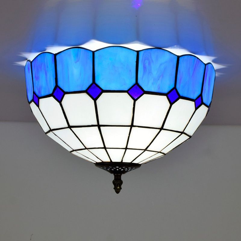 2 Kopfschlafzimmer Deckenmontage Aufsatz traditionellen blau/gelb Unterputzleuchte mit Schüssel gebeizt Glas Schatten