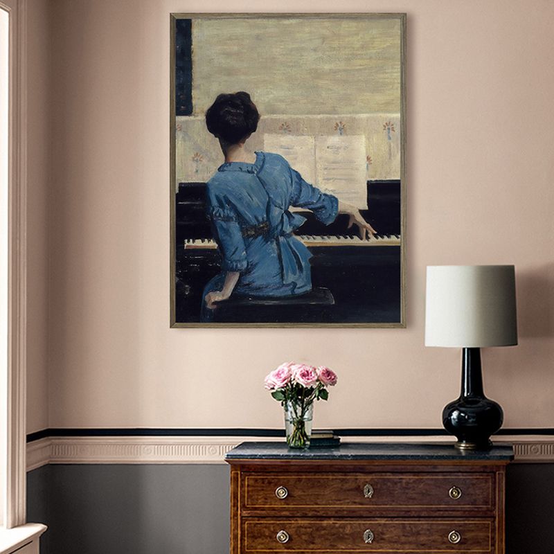 Gemälde „Sitzendes Mädchen und Klavier“ im Vintage-Stil, strukturierte Leinwand-Wanddekoration in Blau