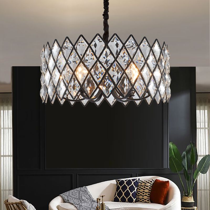 5 Light Living Room Ceiling Pendant Postmodern Black Chandelier Light with Drum Crystal and Metal Shade