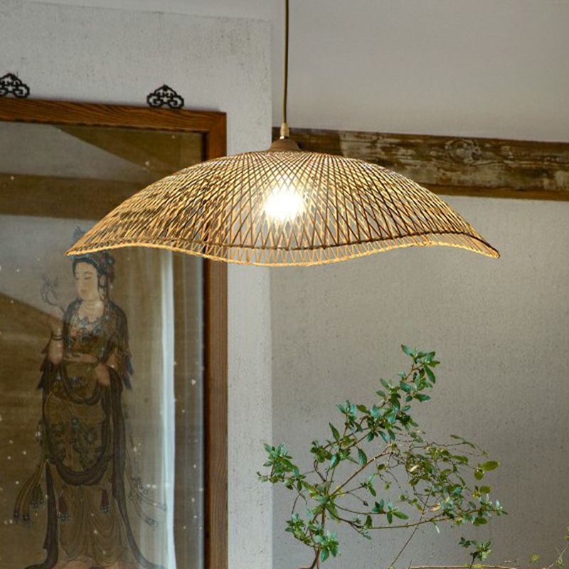 Wave-Edge Suspension Lighting Asian Bamboo 1-Bulb Bedroom Pendant Light in Beige