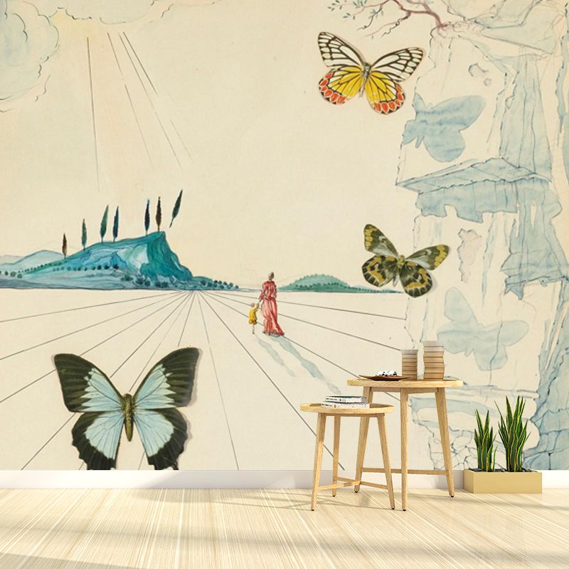 Surreal Butterflies Street Scene Mural Beige Water-Proof Wall Decor for Home Gallery