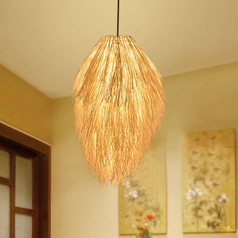 Bamboo Teardrop Pendant Lighting Contemporary 1 Light Hanging Light Fixture in Beige