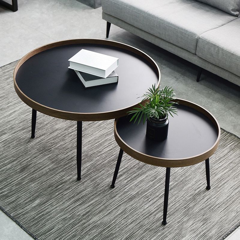 15.7"H Modern 4 Legs Metal Round Brown/Black Wood Top Coffee Table/Nesting Tables