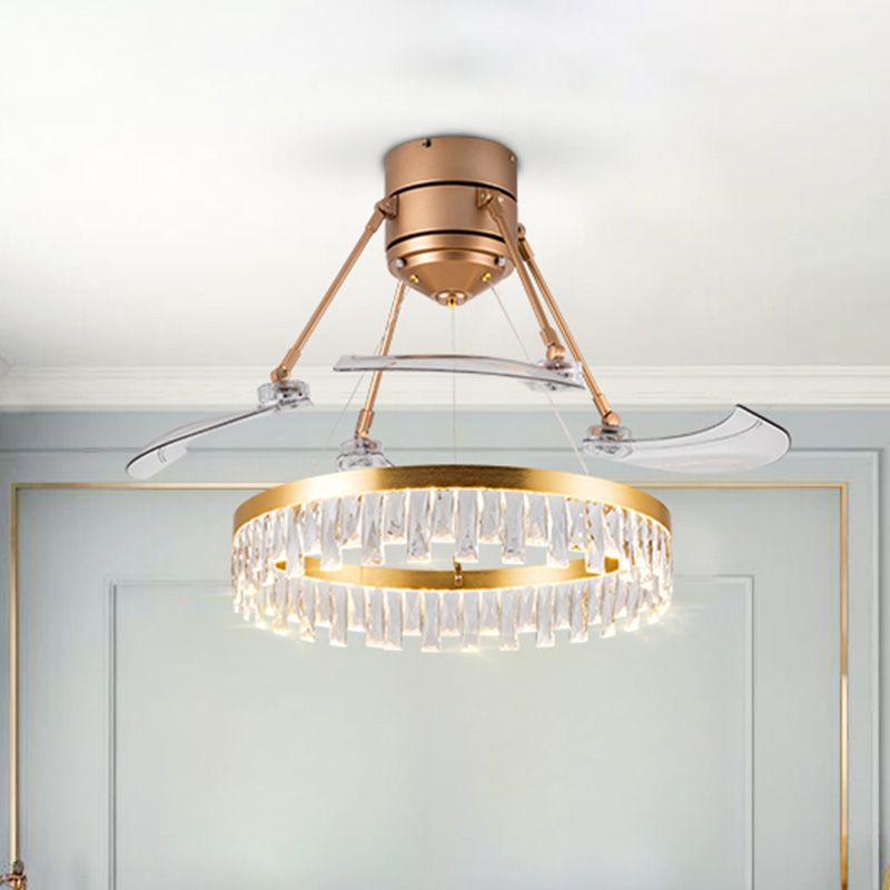 Crystal Prism Gold LED-ventilator Licht cirkelvormige cirkelvormige 3-blade postmoderne stijl semi-flush mount plafondlicht, 48 "breed