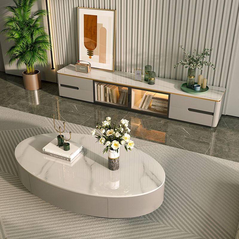 Oval Slate Coffee Table Drum Coffee Cocktail Table with Drawer