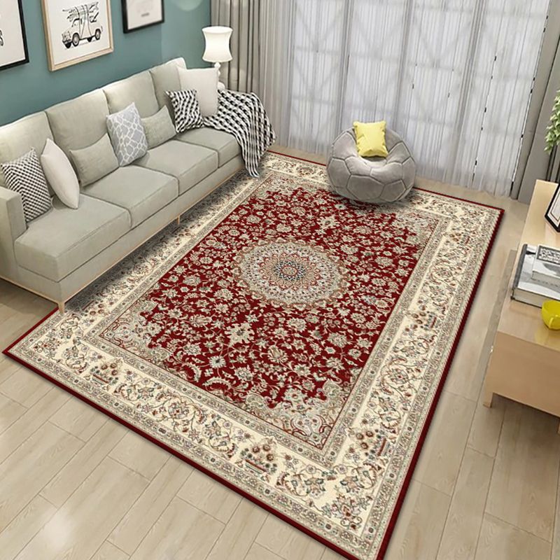 Red Tone Moroccan Rug Polyester Carpet Symmetrical pattern Indoor Rug Stain Resistant for Living Room