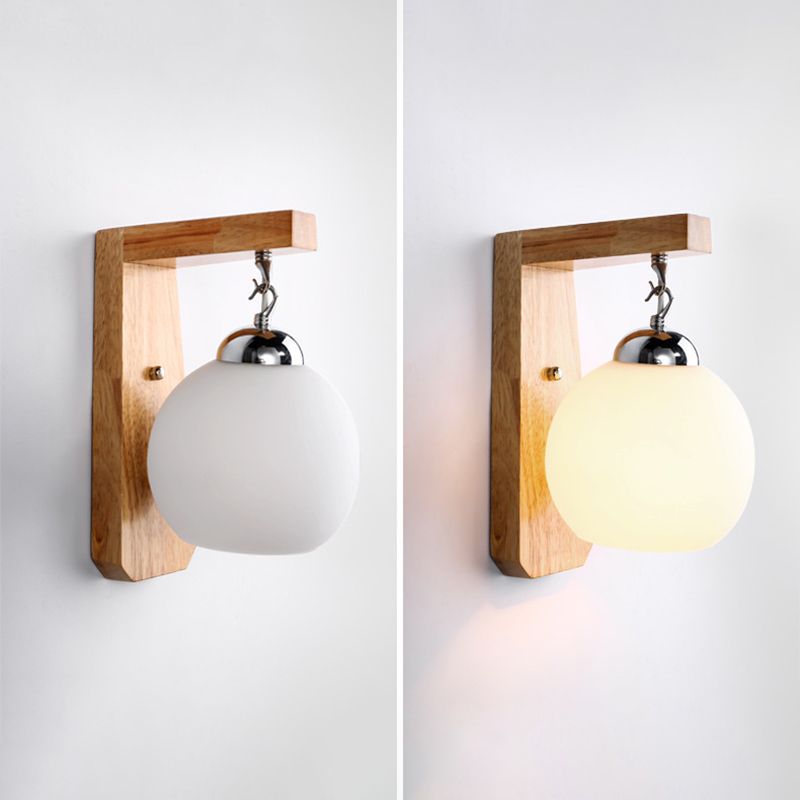 White Glass Wall Lamp in Modern Minimalist Style Wooden Globe Wall Light for Interior Spaces
