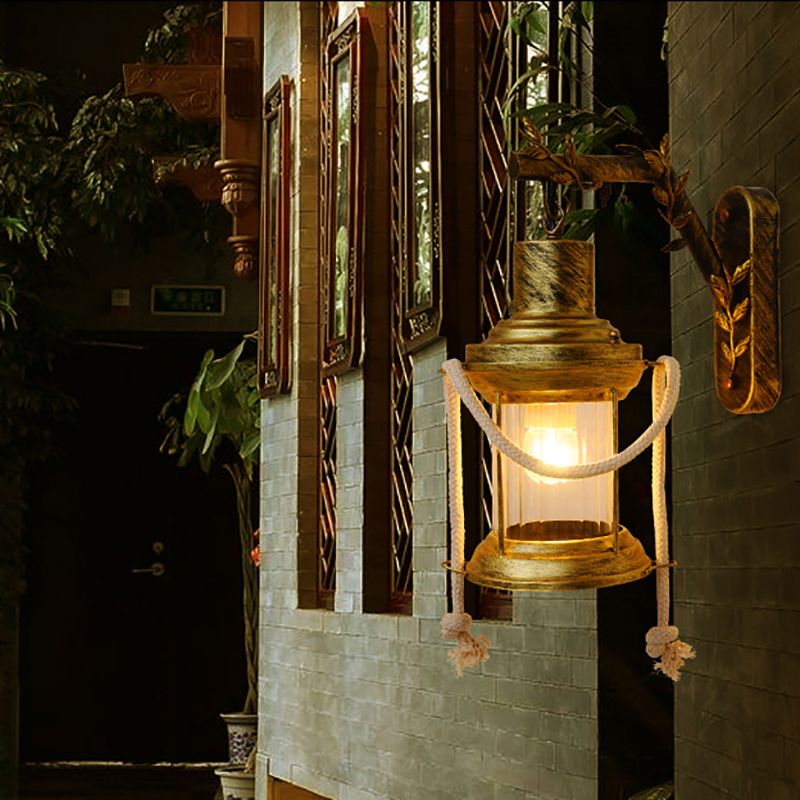 Lantern Corridor Wall Mount Lighting Farmhouse Metal 1 Bulb Brass Sconce Lamp with Branch Arm