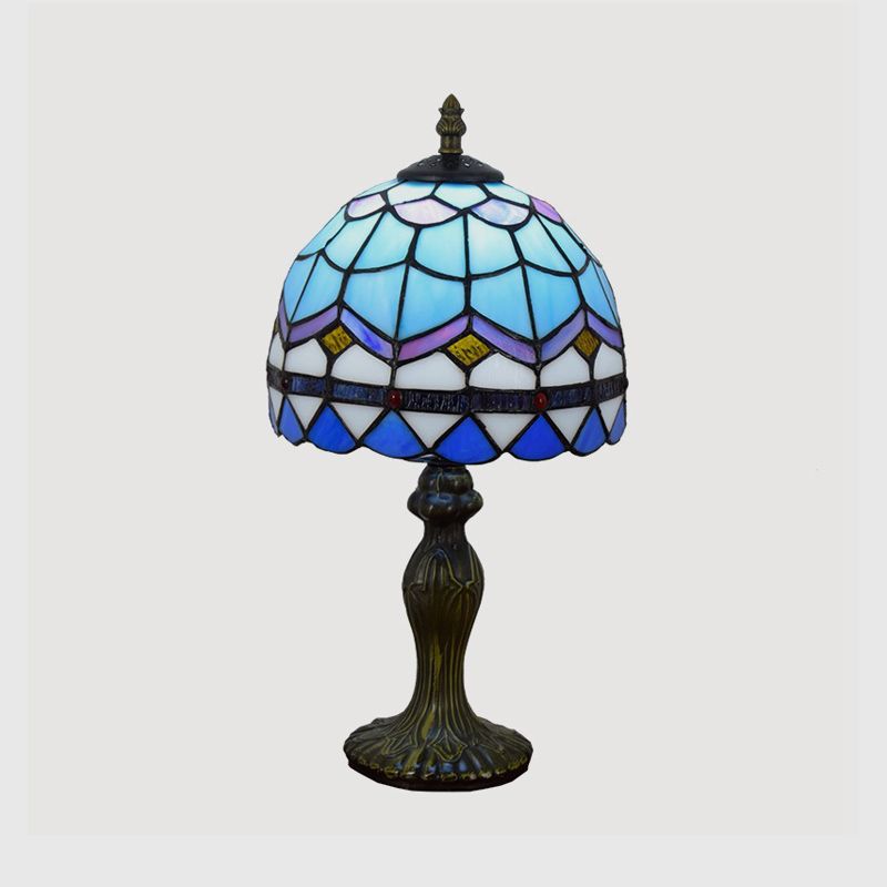 1 Bulb Table Lamp Mediterranean Dome Gridded Glass Nightstand Light in Blue for Living Room