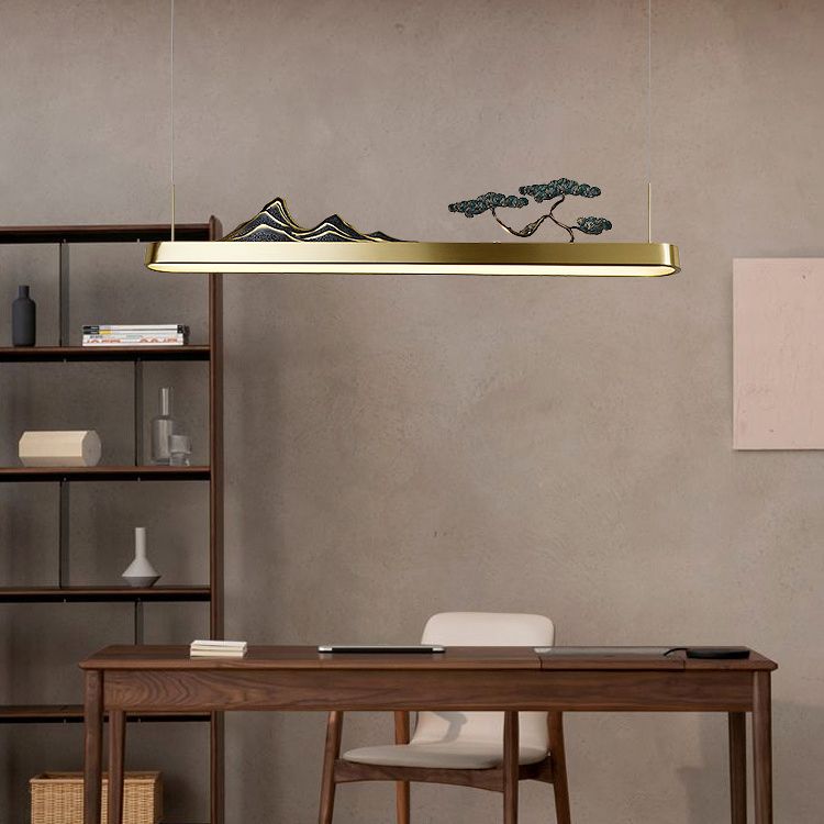 Chinese Luxurious Gold LED Island Pendant Lighting Metal Linear Island Ceiling Light for Tearoom
