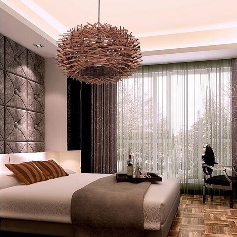Asian Style Hanging Lamp Fixture 1-Light Pendant Light with Rattan Shade for Bedroom