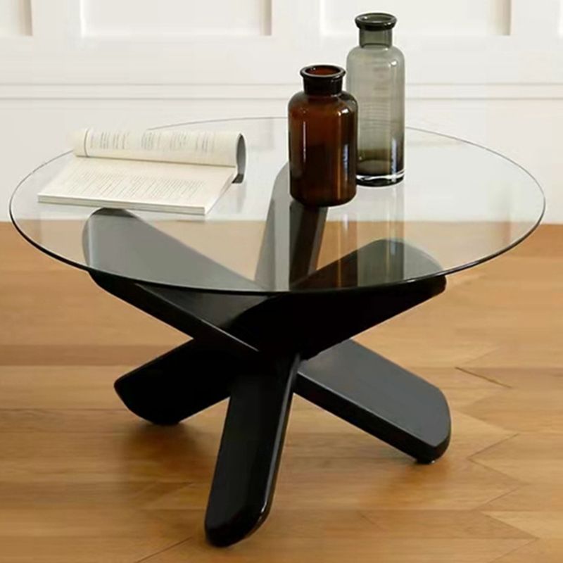 Round 1 Single Coffee Table Tempered Glass Top 3 Legs Wood Cocktail Table