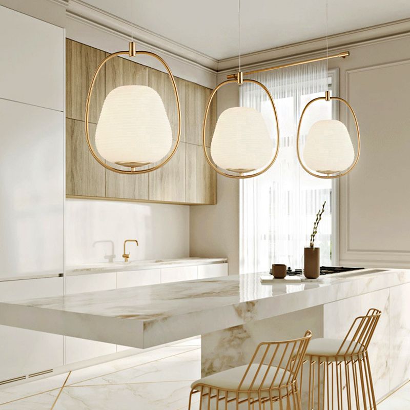 Oval Dining Room Pendant White Glass 1 Light Modern Hanging Lamp Fixture in Gold with Iron Ring