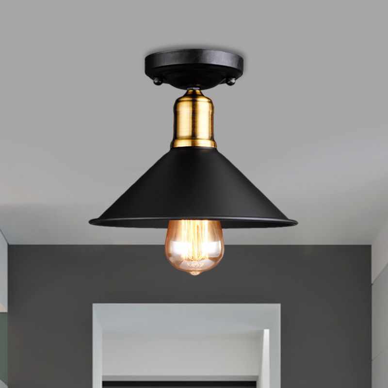 1 Light Conic Semi-Flush Mount Light Vintage Stylish Black/White Metallic Close to Ceiling Lighting