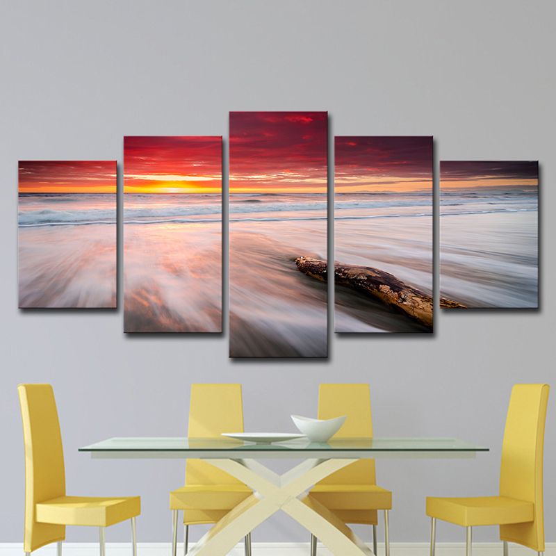 Orange Twilight at Beach Canvas Seascape Modern Multi-Piece Wall Art Print for Bedroom