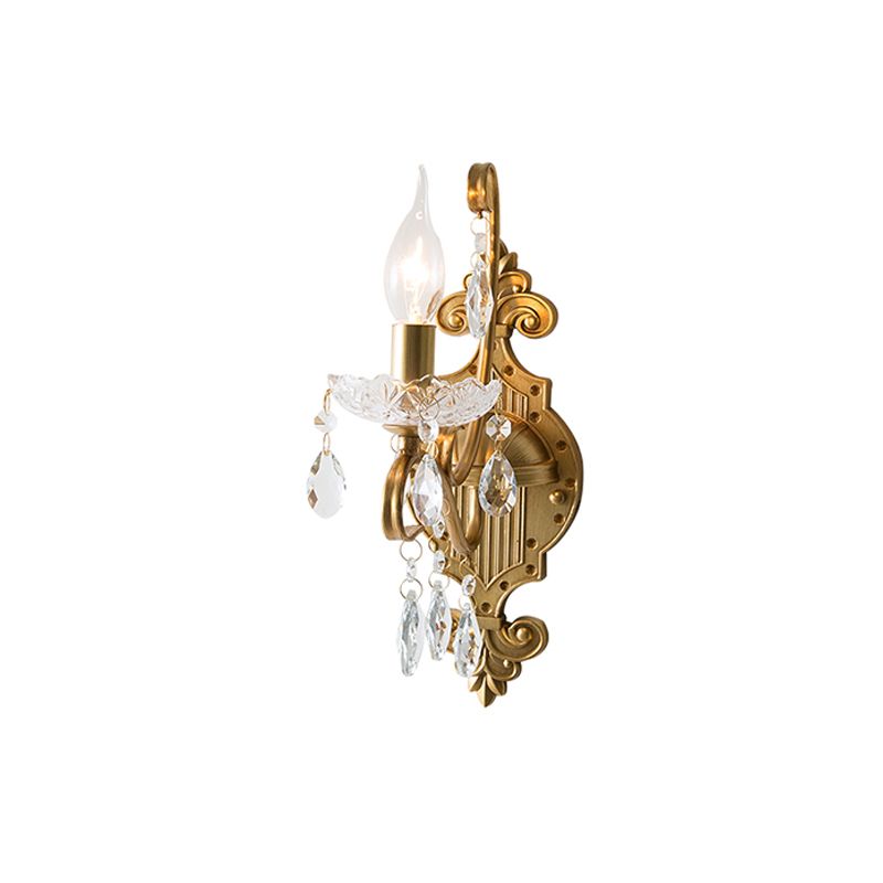 1/2-Light Candlestick Wall Sconce Antiqued Gold Iron Wall Mount Lamp with Crystal Drape