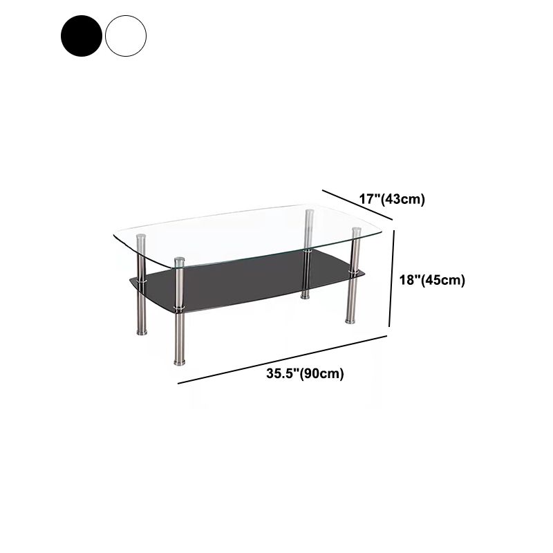 16.9" Tall Modern Stainless Steel 4 Legs Rectangular Glass Top Coffee Table with Shelf