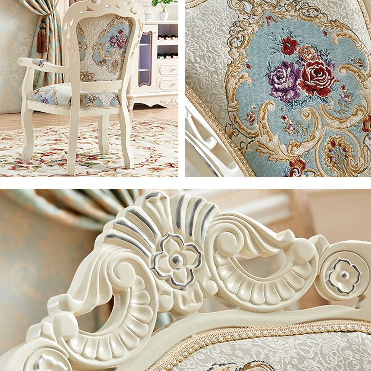 European Style Birch Cotton Arm Chair Light Color Solid Back Dining Chair with White Legs