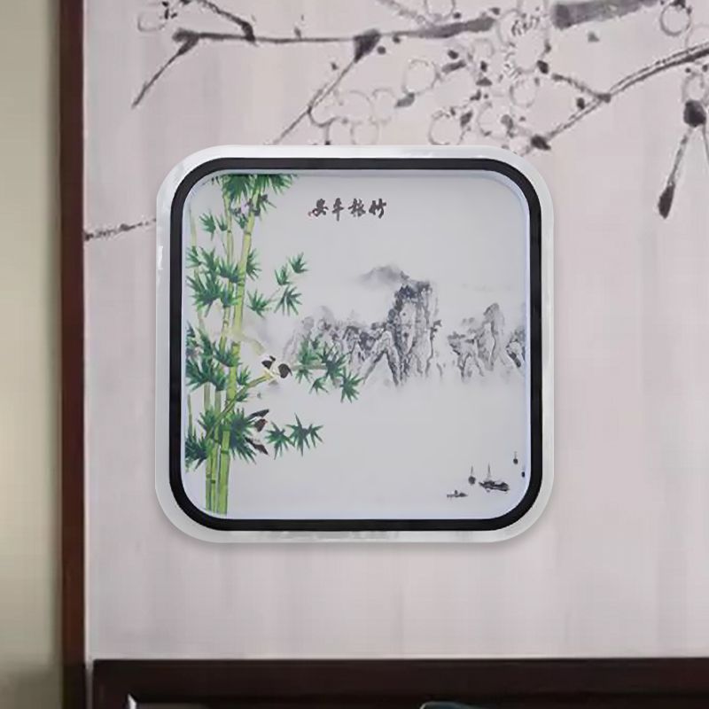 Chinese Style LED Flush Mount Black Leaf/Flower Painting Wall Mural Lighting with Fabric Shade
