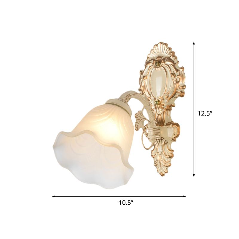 Floral Frosted Glass Wall Sconce Vintage 1 Bulb Bedroom Wall Mounted Light Fixture in Beige