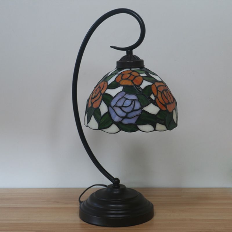 Pink/Orange 1-Head Desk Light Tiffany Hand Cut Glass Bowl Shape Night Table Lamp with Blossom Pattern for Bedroom