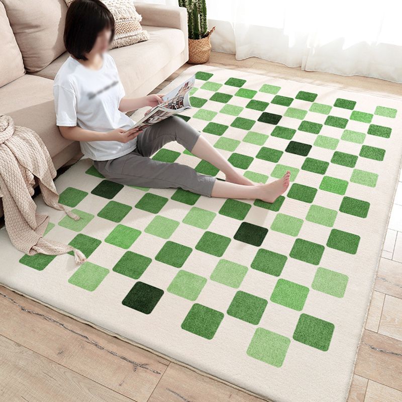 Green Modern Rug Polyester Grid Area Rug Stain Resistant Rug for Living Room