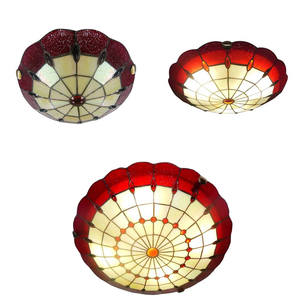 Bedroom Ceiling Light Tiffany Style 12"/16"/19.5" W Dome Shade Flush Mount Light with Jewel Decoration in Red