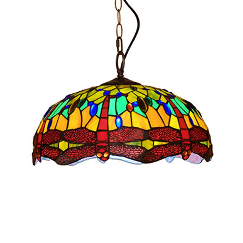 Tiffany Dragonfly hanglampverlichting 1 licht gebrandschilderd glazen plafondlicht in rood/geel/blauw voor keuken