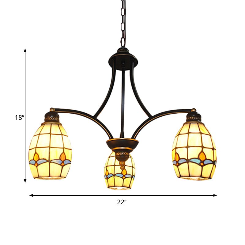 Magnolia Hanging Chandelier with Oval Glass Shade 3 Lights Rustic Pendant Lighting in Beige