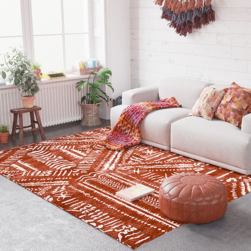 Red Vintage Rug Polyester Tribal Pattern Rug Pet Friendly Washable Anti-Slip Backing Carpet for Decoration