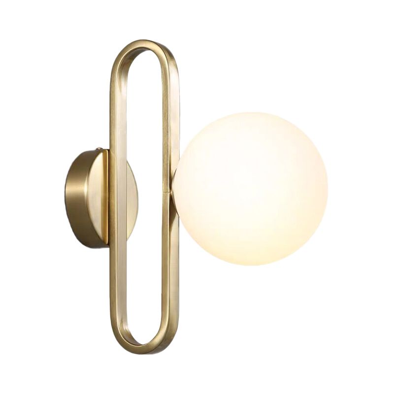 Cream Matte Glass Orb Wall Light Minimalist 1 Bulb Sconce Lighting with Gold Oval Arm