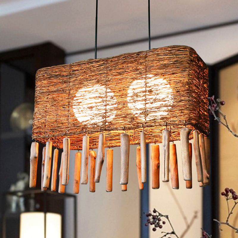 Rectangle Rattan Chandelier Light Chinese 2 Bulbs Brown Suspended Lighting Fixture