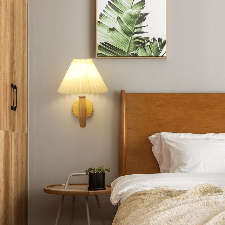Flared Wall Mounted Light Fixture Simple Wood Bedroom Wall Sconce with Fabric Shade