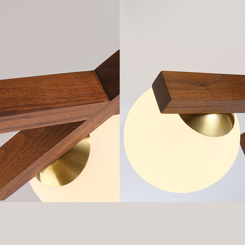 Log Color Sputnik LED Semi Flush Mount in Modern Luxury Style Wooden Ceiling Light with Opal Glass Shade