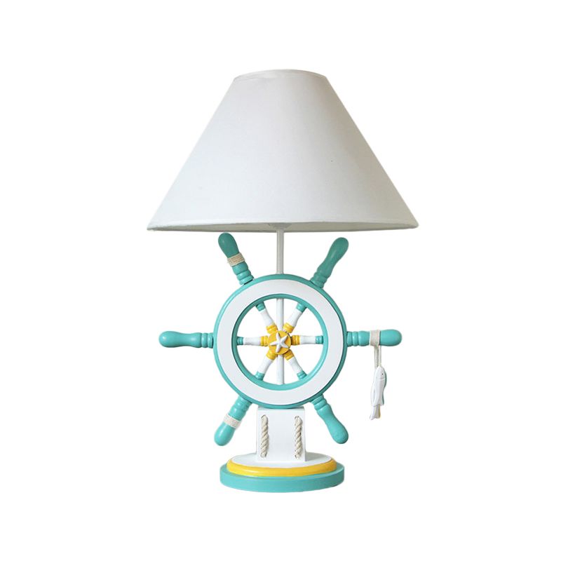 Lampada da tavolo per bambini in resina timone Lampada da scrivania a testa singola rosa/verde con paralume in tessuto bianco a botte
