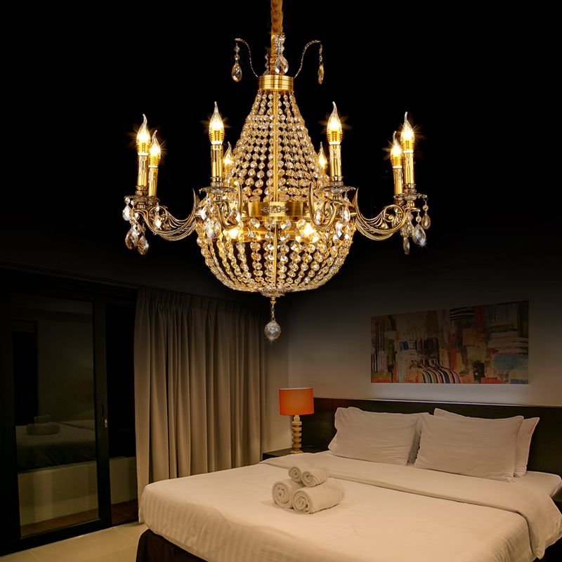 Candelabra Hanging Light Contemporary Metal 2/6/8 Lights Gold Chandelier Light with Crystal Strand, 27"/31" Wide
