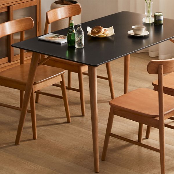 Modern Rectangular Black Stone Top Dining Table with 4 Solid Wood Legs