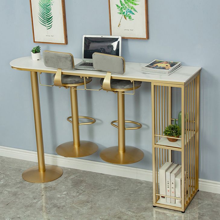 Glam White Stone Bar Dining Table Gold Iron Double Pedestal Bistro Table with Shelve