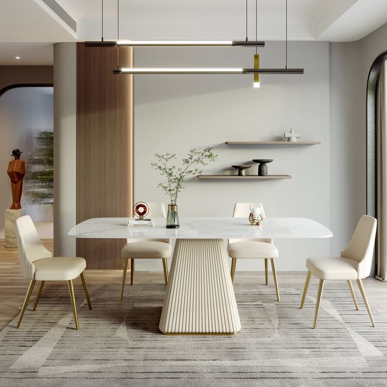 Mesa de comedor de piedra sinterizada de estilo contemporáneo con mesa fija blanca y base de pedestal