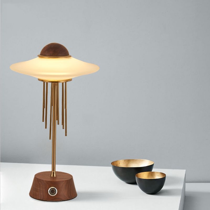 Tubular Desk Lamp Contemporary Metal LED Bedroom Table Lighting in Brown with UFO Frosted Glass Shade