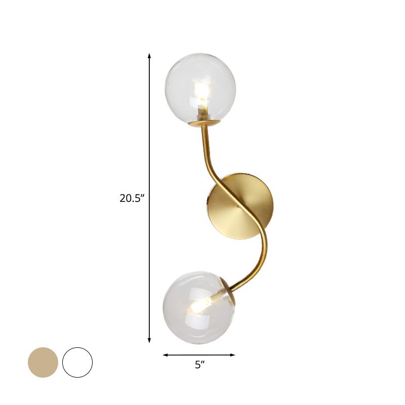 Ball Stairway Wall Mount Light Clear/Tan Glass 2-Light Post Modern LED Wall Lamp Sconce in Brass