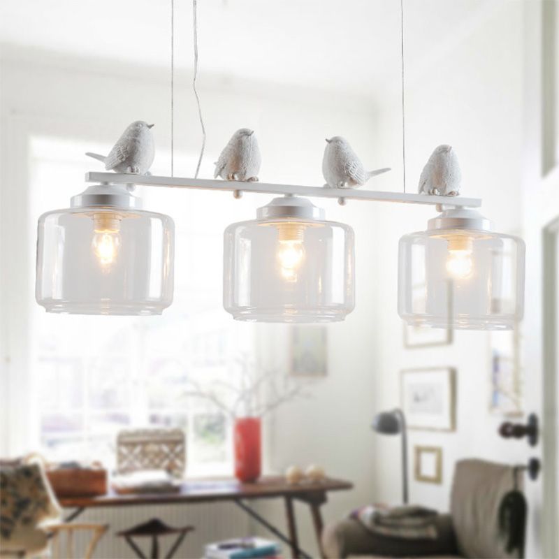 Clear Glass White Island Pendant Barrel 3 Lights Traditional Hanging Light Kit for Dining Room with Birds