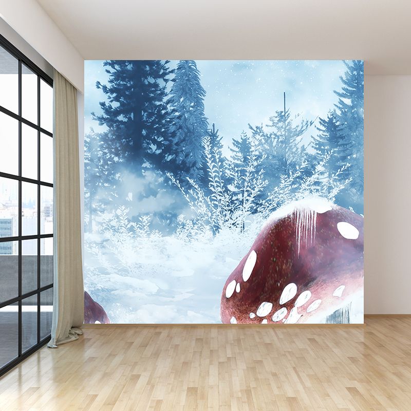 Full Size Illustration Modern Mural Decal with Snowy Trees and Mushrooms in Blue