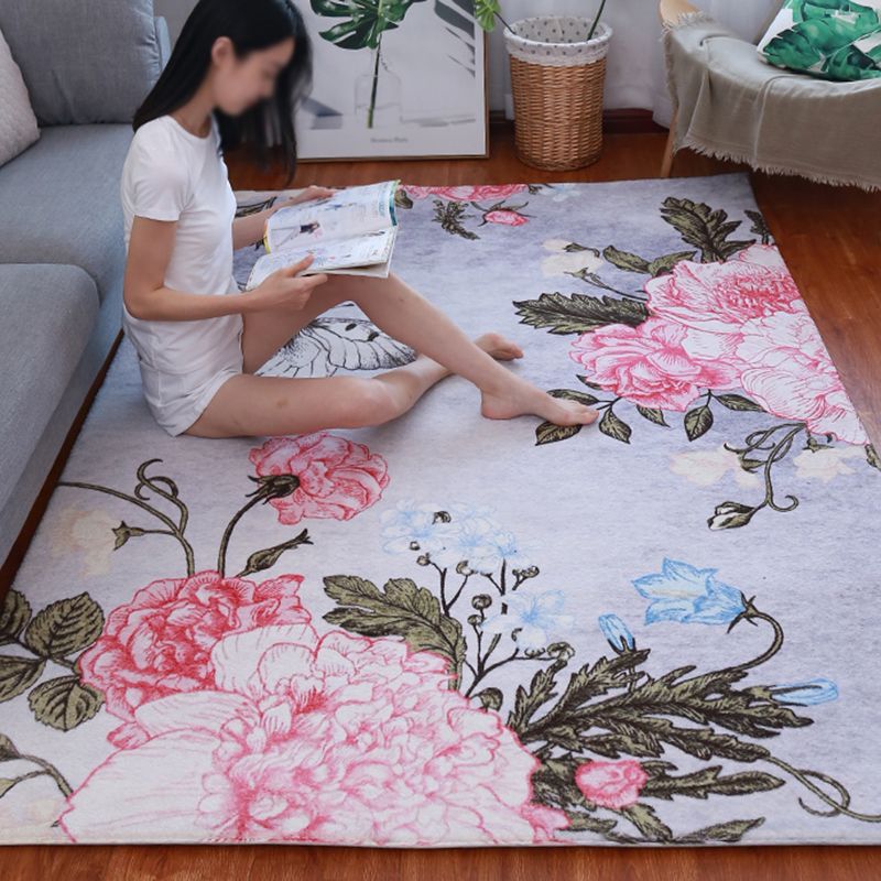 Blue Tone Contemporary Indoor Rug Polyester Plant Print Rug Non-Slip Backing Indoor Rug for Living Room