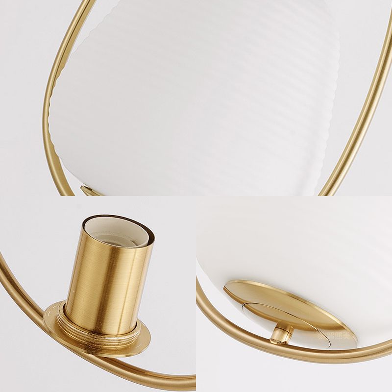 Oval Dining Room Pendant White Glass 1 Light Modern Hanging Lamp Fixture in Gold with Iron Ring